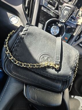 Tory Burch Black Leather Crossbody with Gold Chain Trim